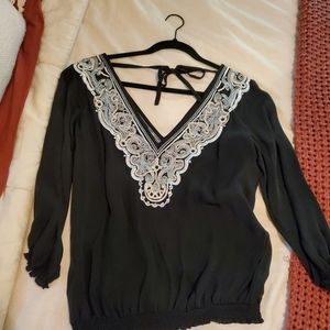 Black sheer blouse with silver embroidery